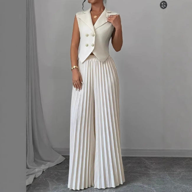 Women's Sleeveless Vest Blazer Top with Lapel and Pleated Palazzo Pants Two-Piece Evening Set Mune Fashion