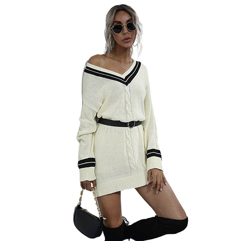 Women's Casual Knit Dress with V-Neck Mune Fashion