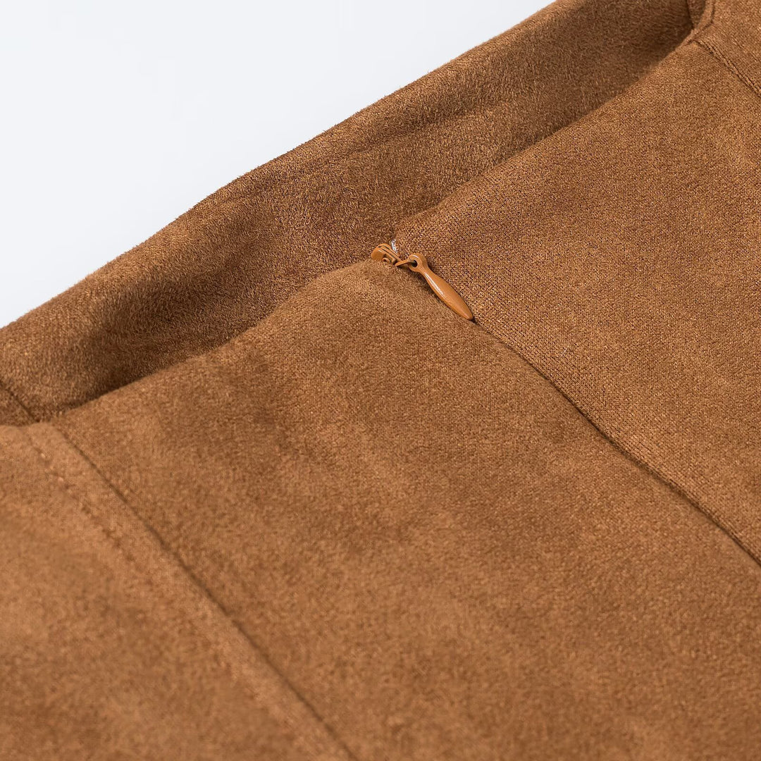 Women's A-line midi dress in suede look with square neckline and princess seams Mune Fashion
