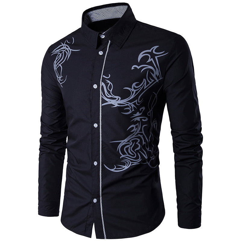 Men's fitted shirt with tribal print, concealed button placket, and contrast collar Mune Fashion