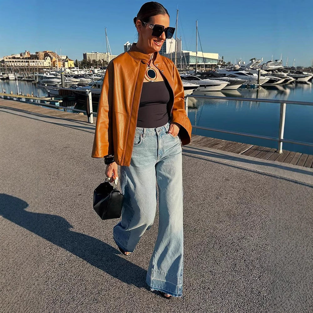 Women's Cape Sleeve Leather Jacket with Stand-up Collar Mune Fashion