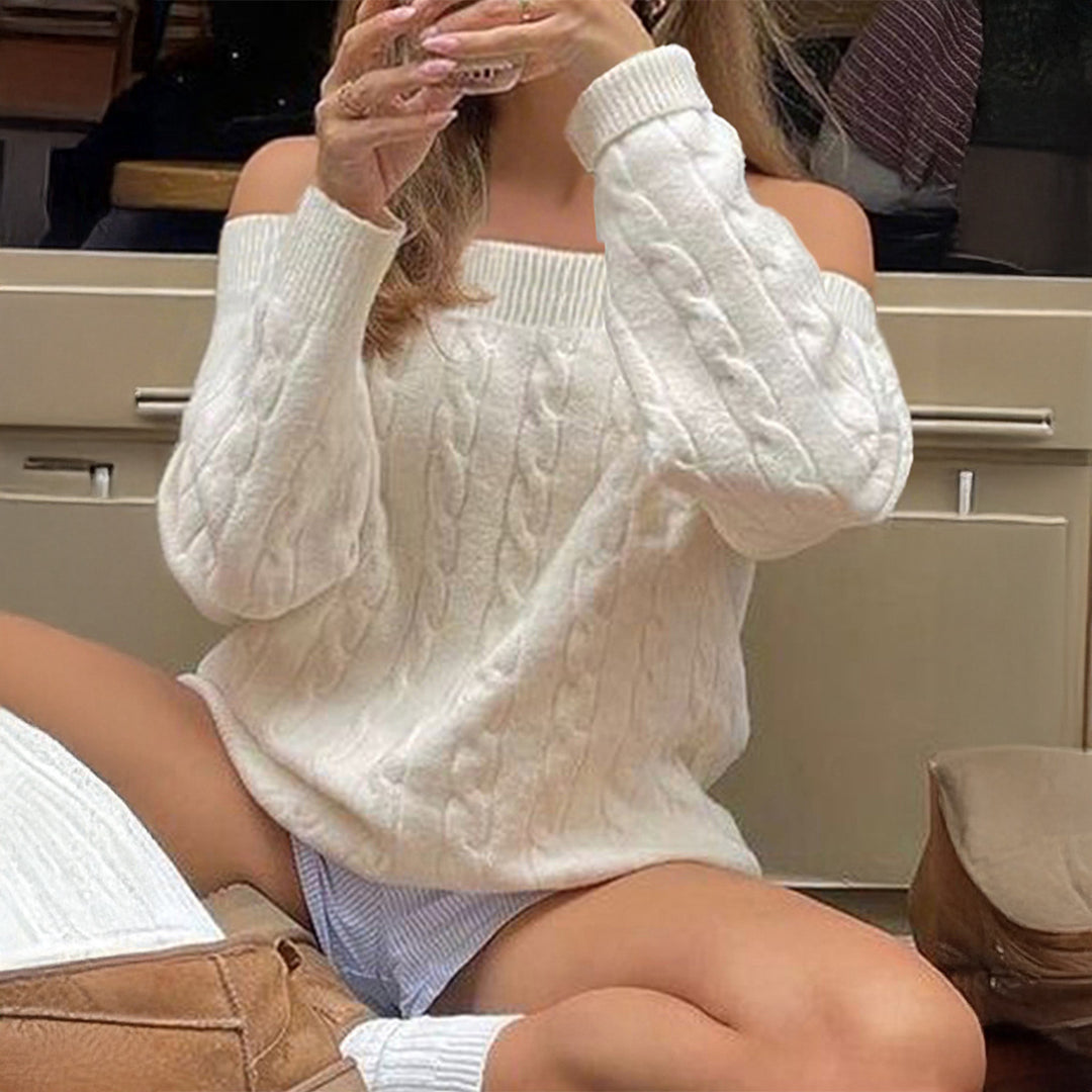 Women's oversized off-the-shoulder cable knit sweater with ribbed neckline and balloon sleeves Mune Fashion