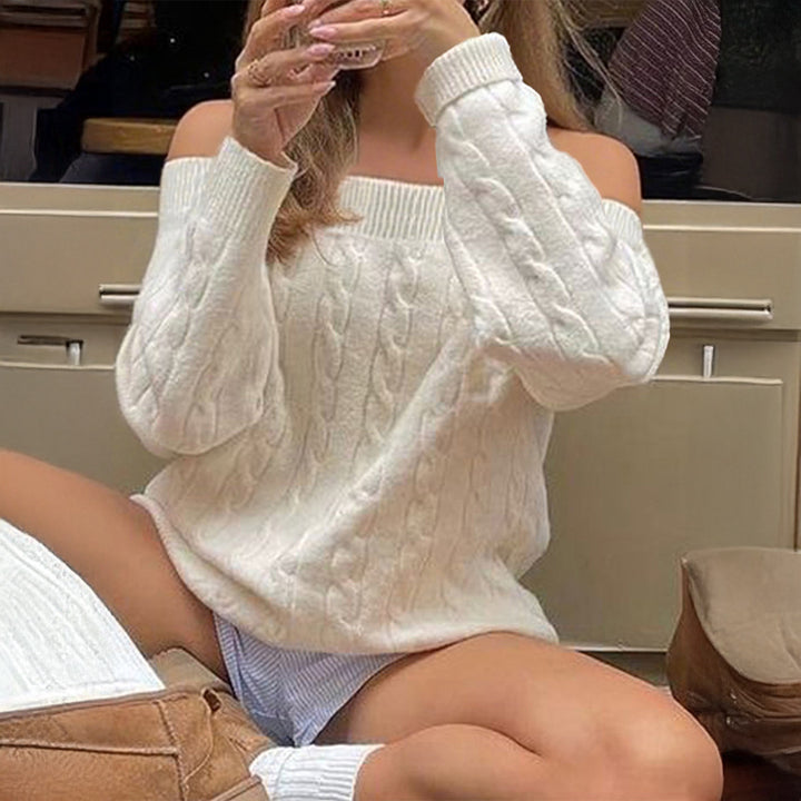 Women's oversized off-the-shoulder cable knit sweater with ribbed neckline and balloon sleeves Mune Fashion