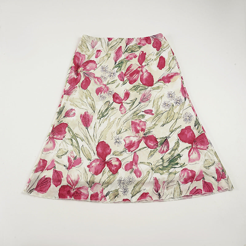 Women's flared midi skirt with floral watercolor print and high waist Mune Fashion