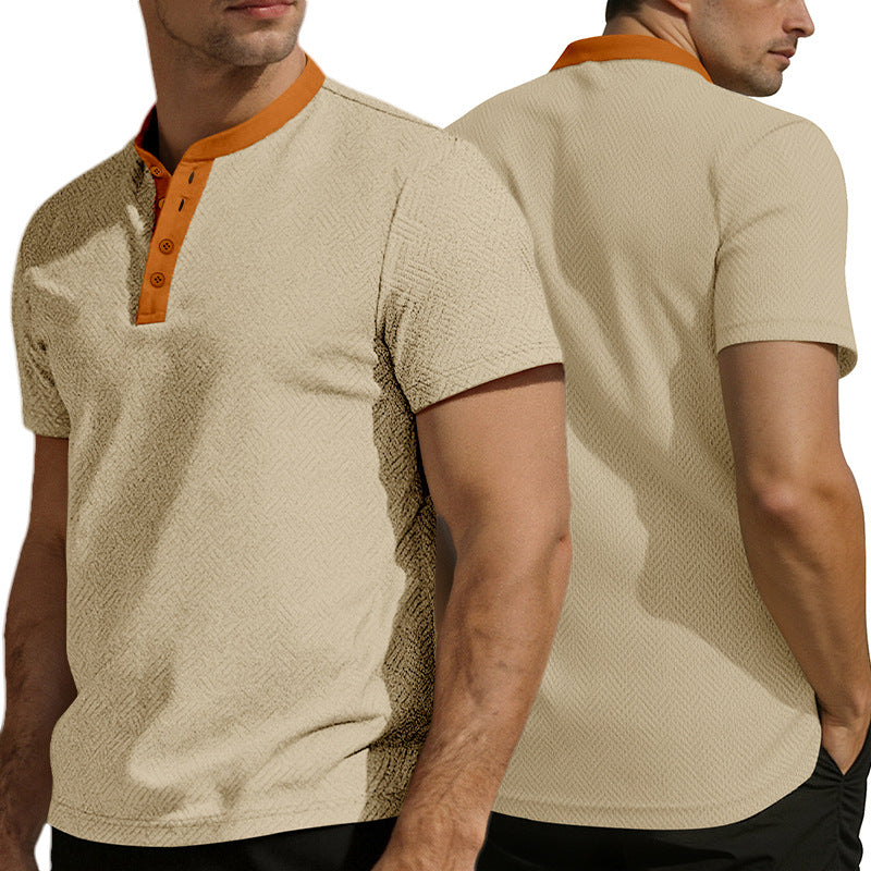 Men's slim short sleeve Henley polo shirt with Mandarin collar and fine jacquard texture Mune Fashion