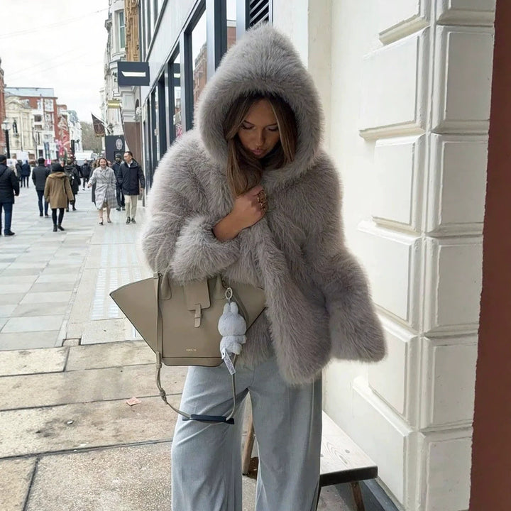 Women's Cropped Faux Fur Jacket with Hood, Dense Long Pile and Boxy Silhouette Mune Fashion