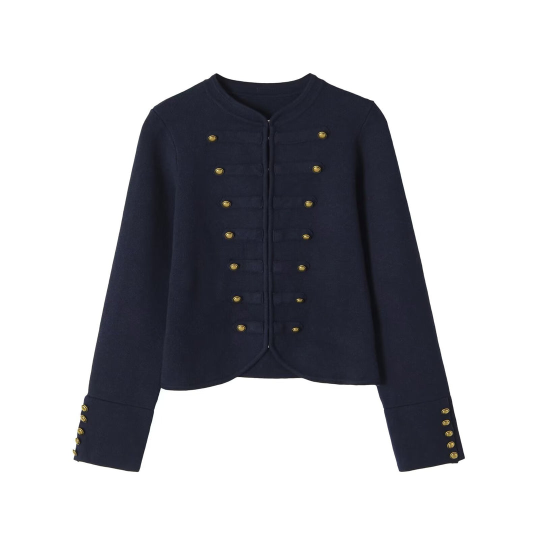 Women's collarless, short-cut officer blazer with golden decorative buttons Mune Fashion