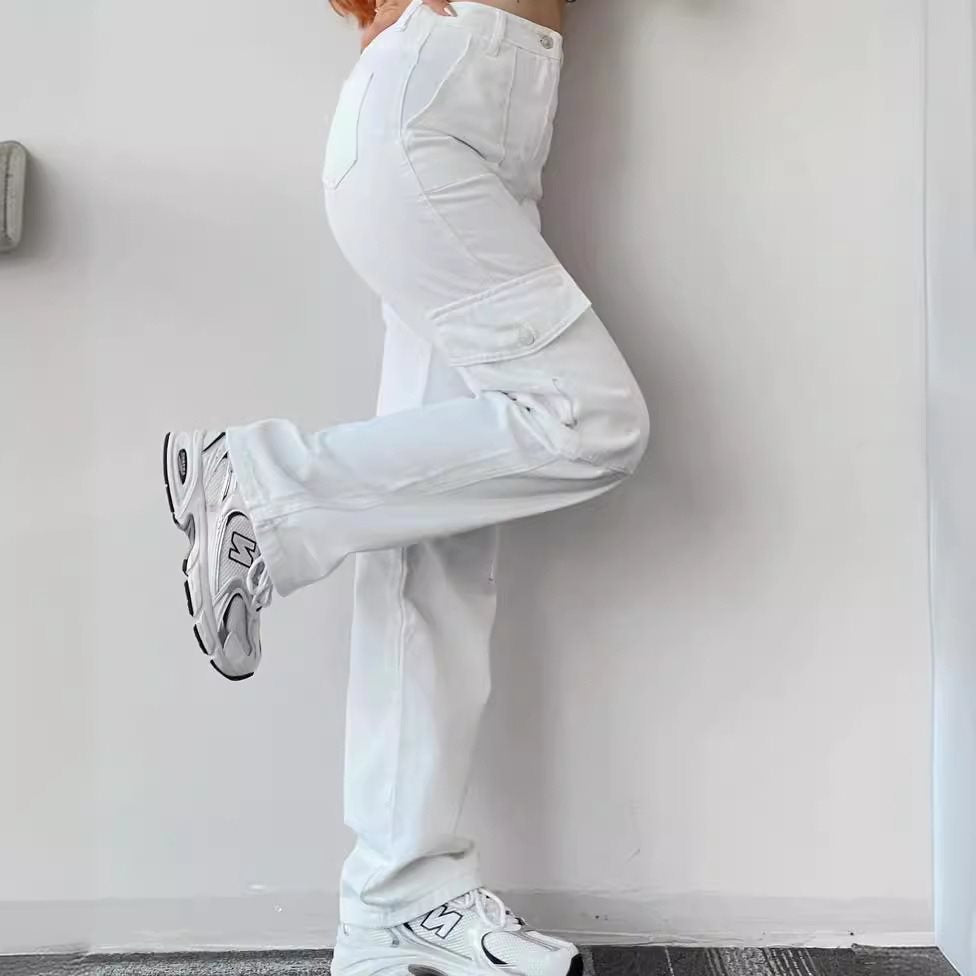 Women's High-Waist Cargo Pants made of Twill with Flap Pockets and Wide Leg Mune Fashion