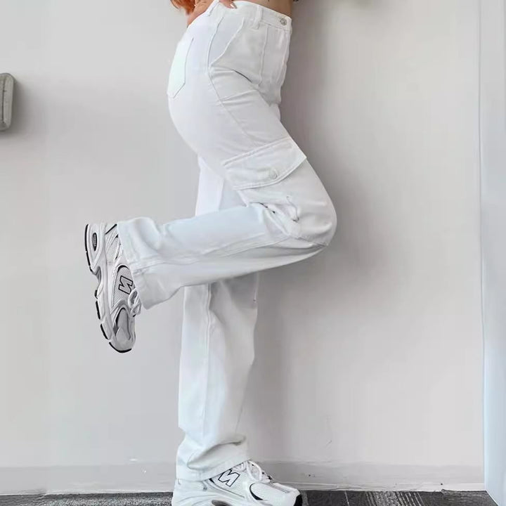 Women's High-Waist Cargo Pants made of Twill with Flap Pockets and Wide Leg Mune Fashion