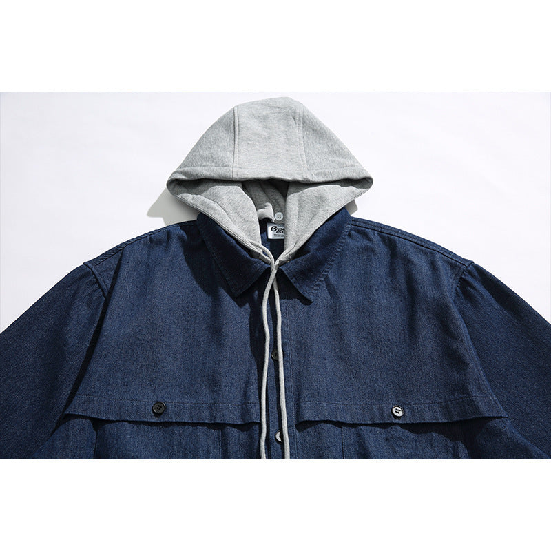 Unisex Boxy Jeans Overshirt Jacket with Attached Hood and Multifunction Pockets Mune Fashion