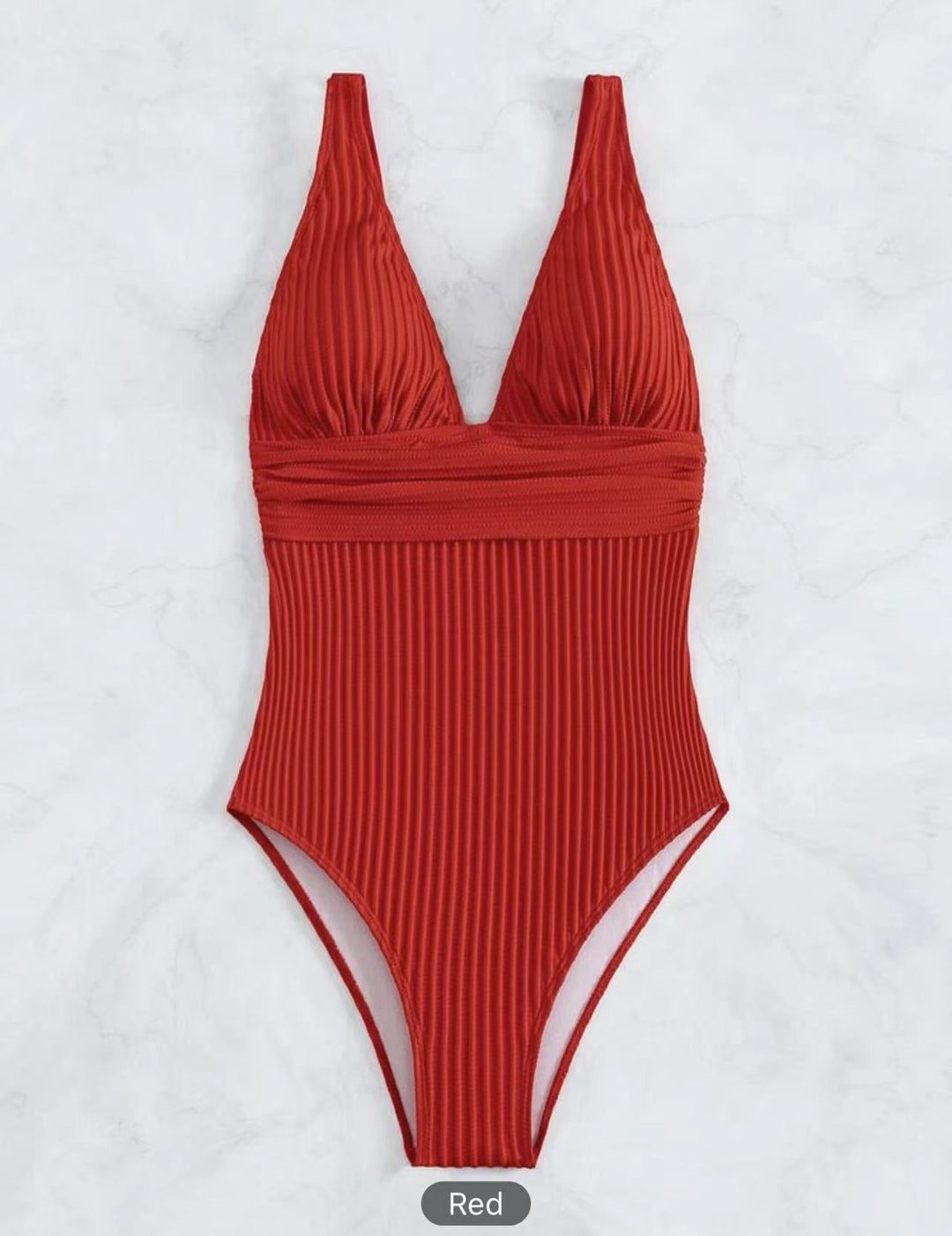 Women's One-Piece Swimsuit with High V-Neck and Fine Ribbed Structure Mune Fashion