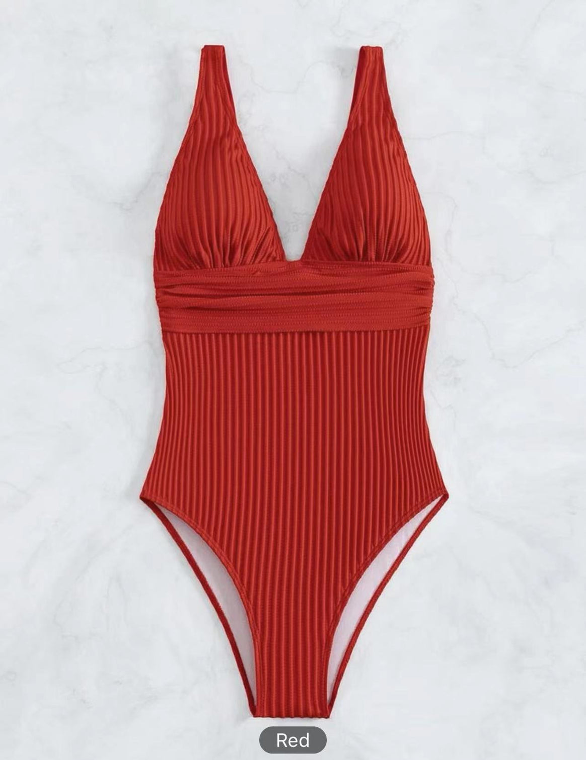 Women's One-Piece Swimsuit with High V-Neck and Fine Ribbed Structure Mune Fashion
