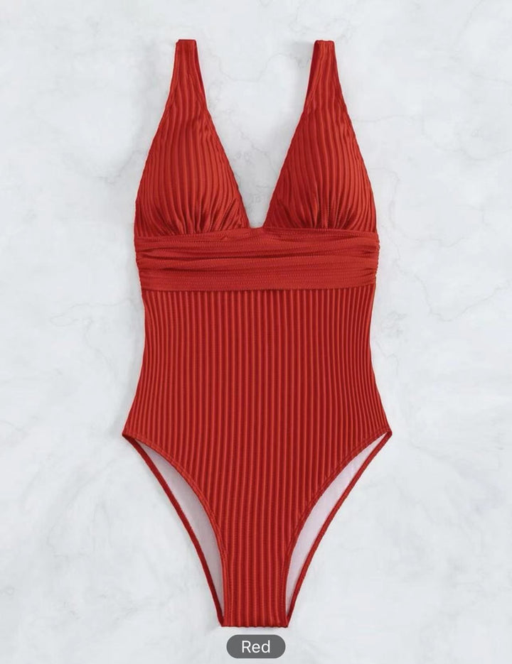 Women's One-Piece Swimsuit with High V-Neck and Fine Ribbed Structure Mune Fashion