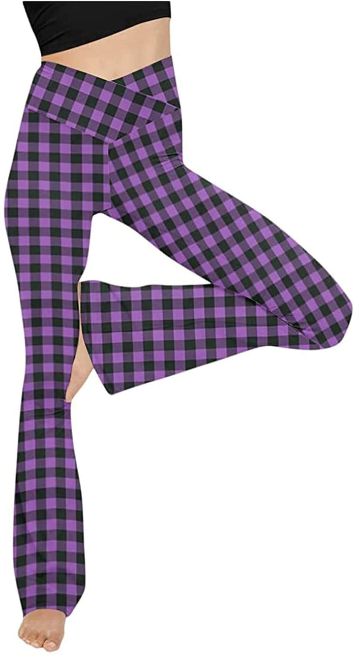 Women's mid-rise yoga pants with crossover waistband and flared hem with slit Mune Fashion