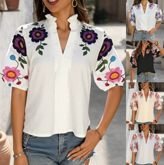 Women's Romantic Chiffon Blouse with Ruffled Collar, Puff Sleeves and Embroidered Flower Sleeves Mune Fashion