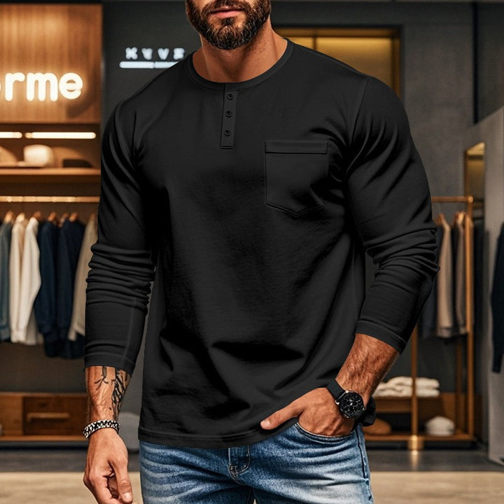 Men's fitted Henley long sleeve shirt with chest pocket and fine stretch jersey Mune Fashion