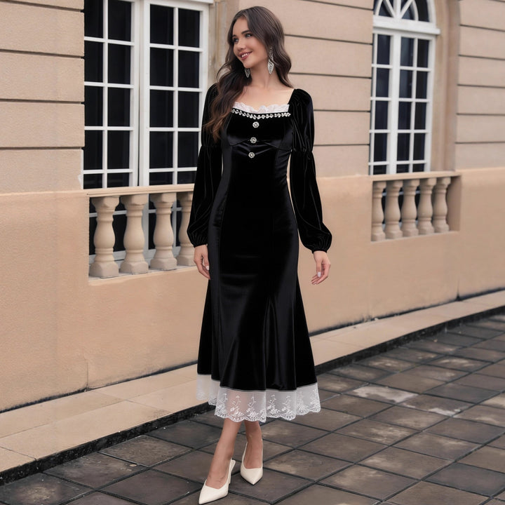 Ladies Velvet Midi Dress with Square Neckline, Puff Sleeves and Lace Underlay Mune Fashion