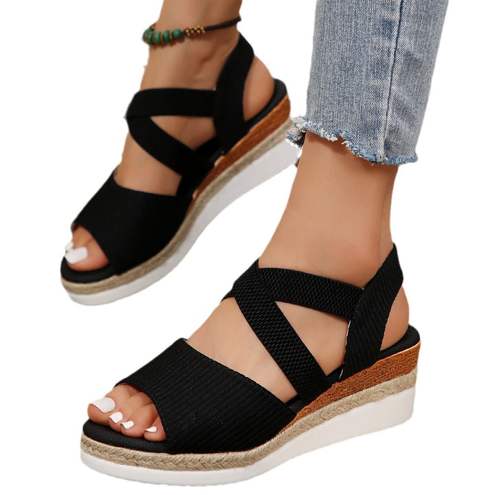 Women's Comfort Wedge Sandals with Elastic Cross Strap and Braided Platform Sole Mune Fashion