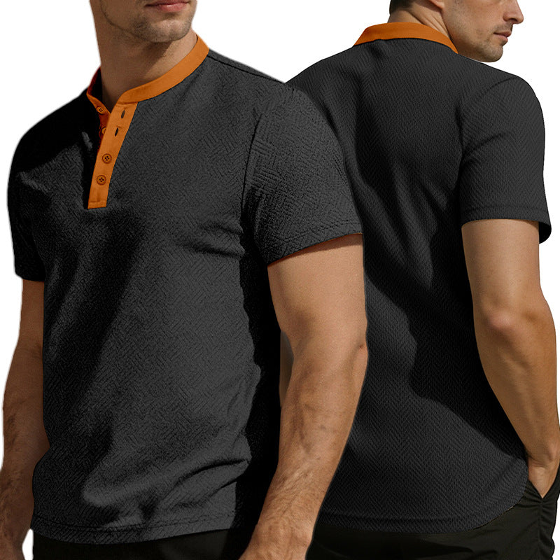 Men's slim short sleeve Henley polo shirt with Mandarin collar and fine jacquard texture Mune Fashion