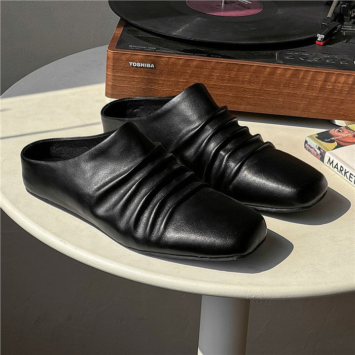 Women's Leather Mules with Square Toe and Gathered Upper Material Mune Fashion