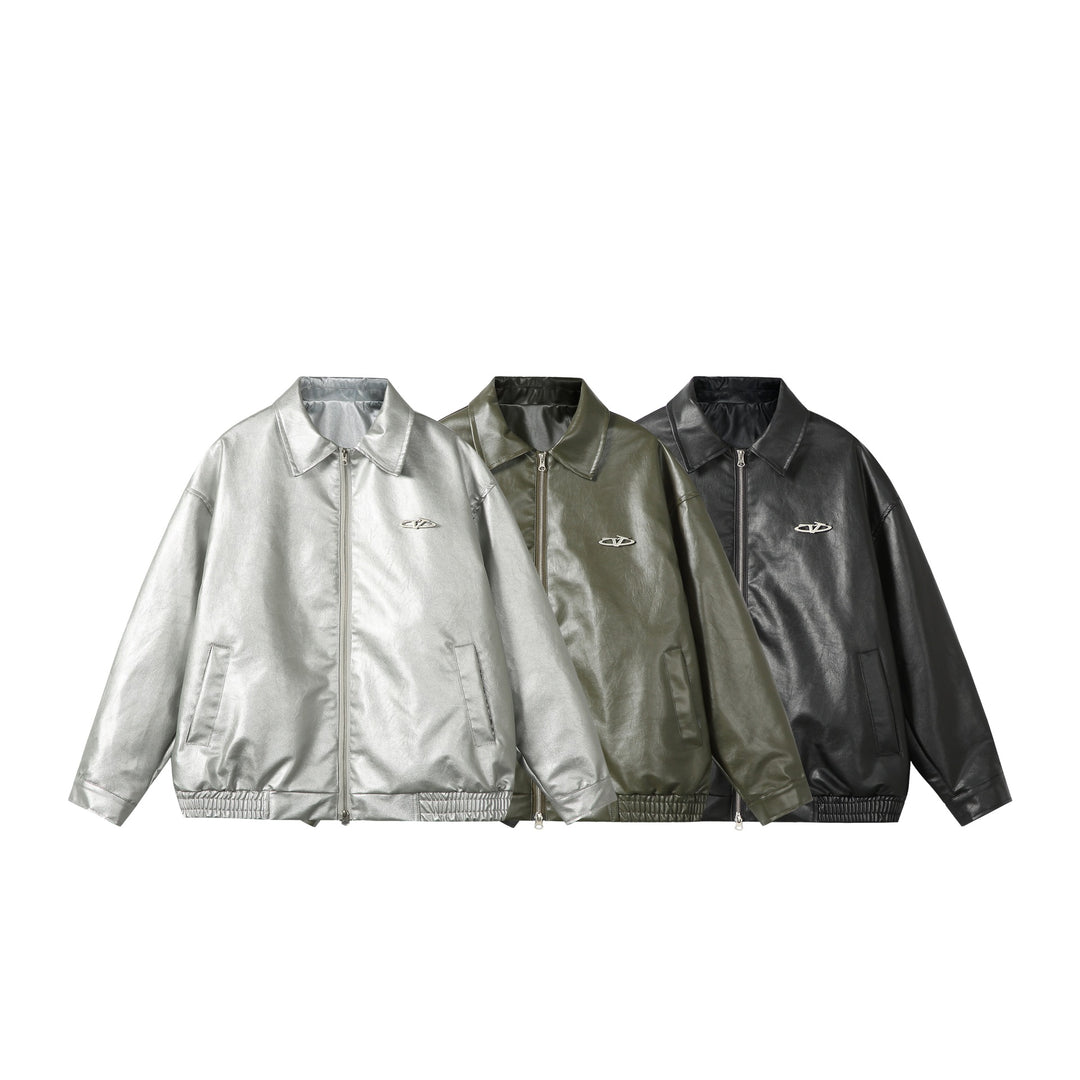 Ladies Oversize Smooth Leather Look Blouson Jacket with Elastic Hem and Metal Logo Mune Fashion