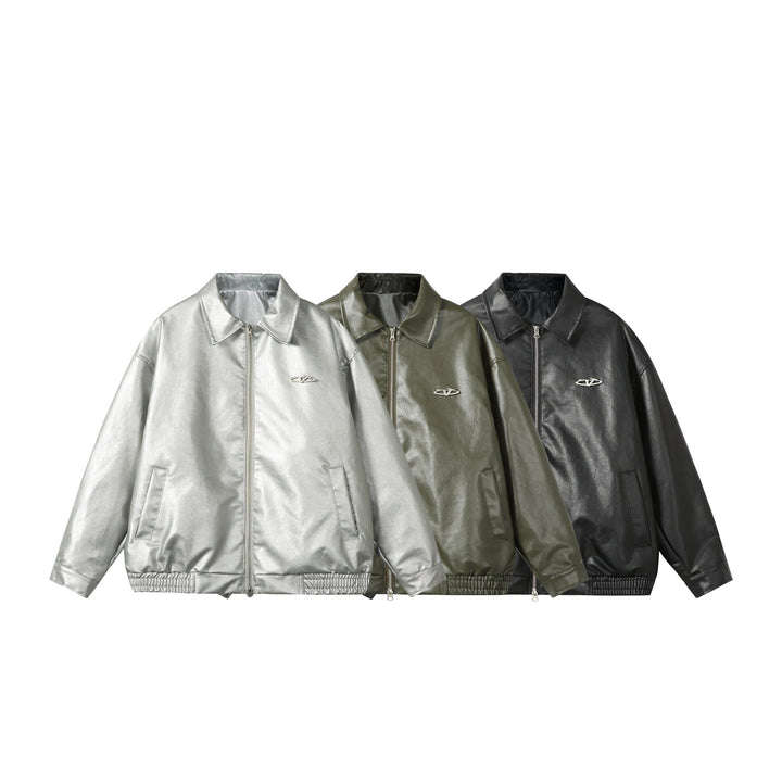 Ladies Oversize Smooth Leather Look Blouson Jacket with Elastic Hem and Metal Logo Mune Fashion