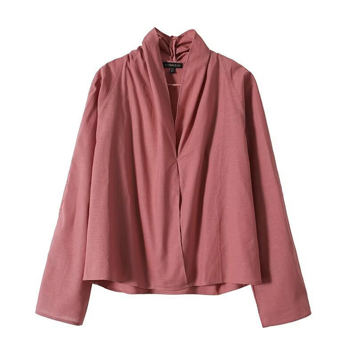 Women's Lightweight Viscose Blouse with Open Shawl Collar and Boxy Silhouette Mune Fashion