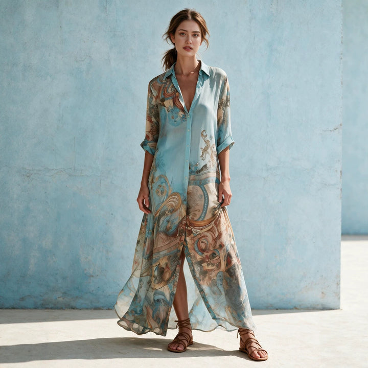 Women's Shirt Dress Maxi Dress in Flowing Silk Look with Artistic Allover Print and 3/4 Sleeves Mune Fashion