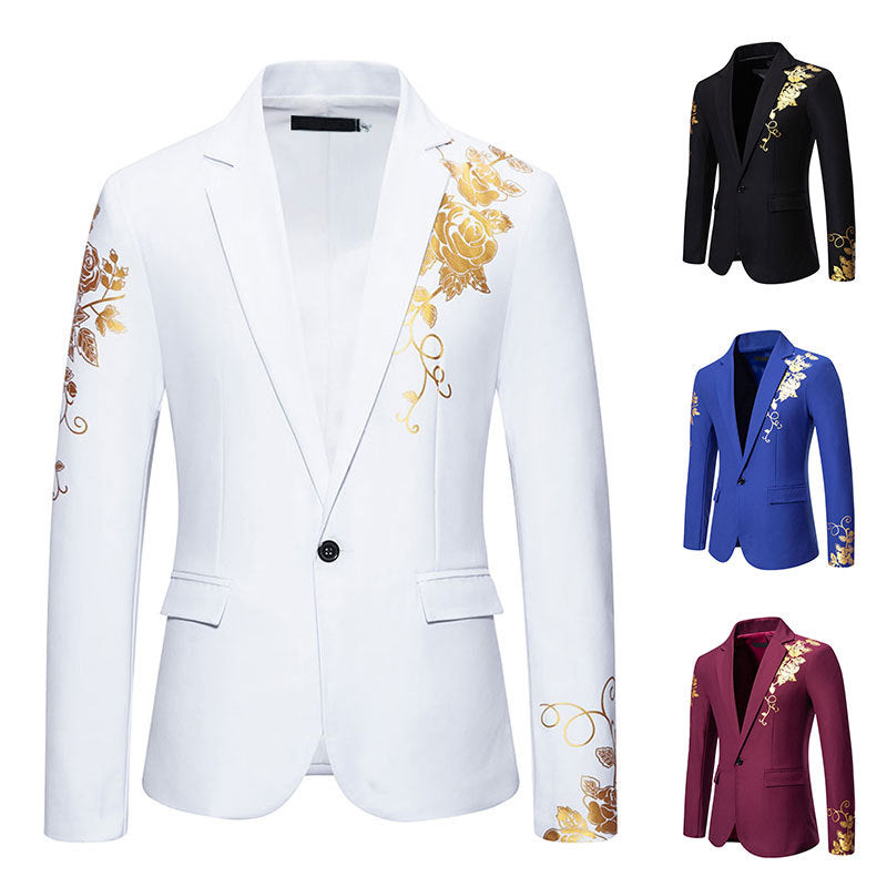 Men's single-breasted jacket with narrow lapels and golden rose print Mune Fashion