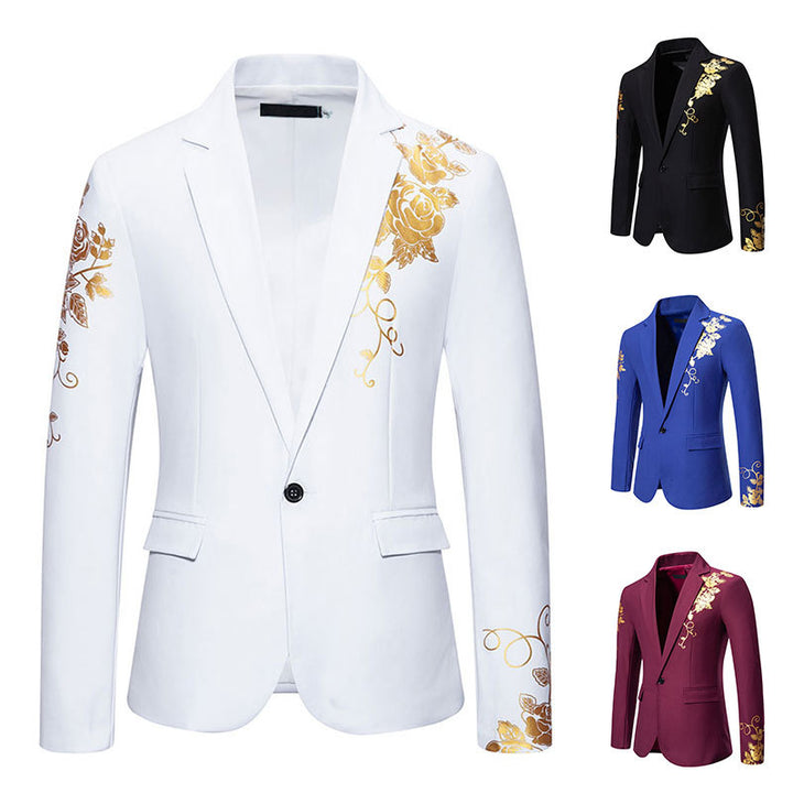 Men's single-breasted jacket with narrow lapels and golden rose print Mune Fashion