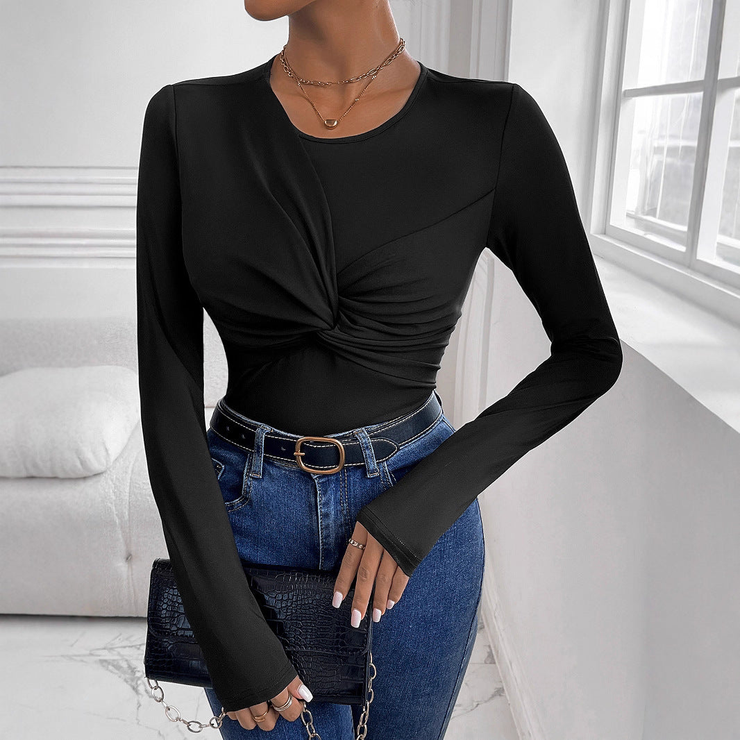 Women Figure-Hugging Long Sleeve Shirt with Twist Detail and Round Neckline Mune Fashion