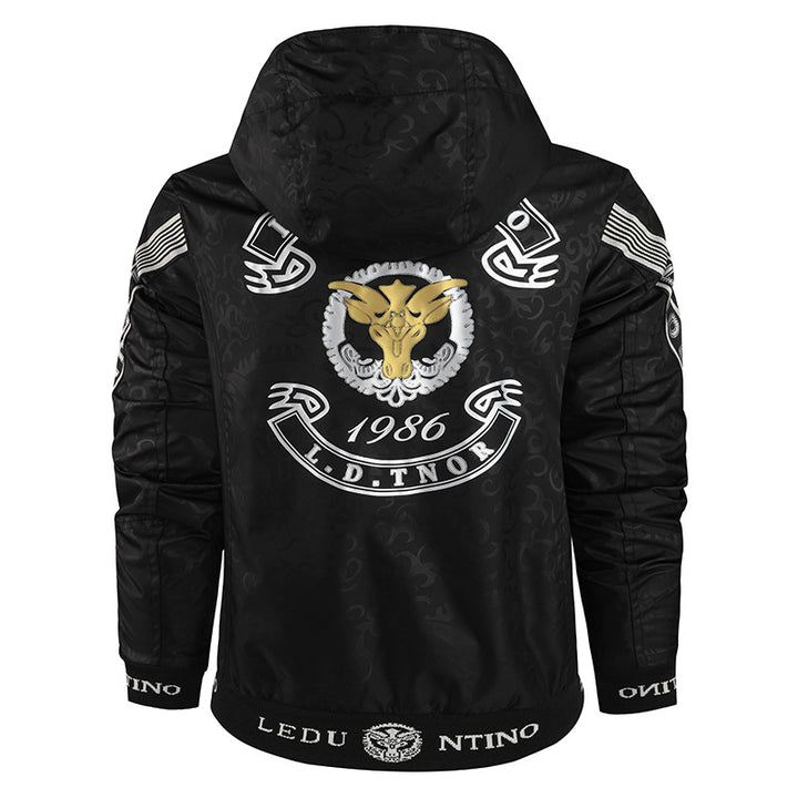 Men's lightweight hooded jacket with striped lining, logo sleeve print, and elastic hem.