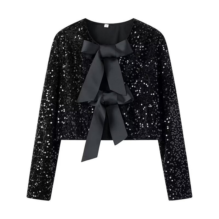 Ladies Short Sequin Jacket with Decorative Bows, Round Neckline and Long Sleeves Mune Fashion