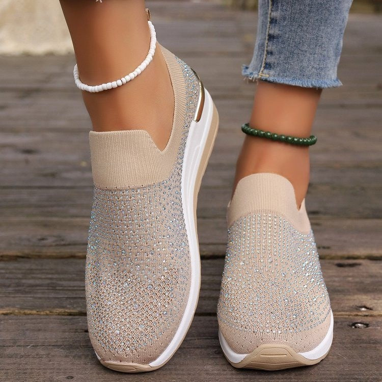 Women's knit slip-on sneakers with sparkling rhinestone trim, elastic entry, and cushioned platform sole Mune Fashion