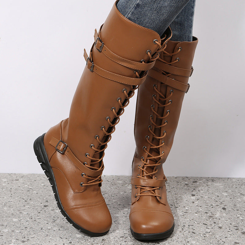 Women's knee-high military-inspired lace-up boots with side zipper, adjustable decorative straps, and shock-absorbing profile sole Mune Fashion