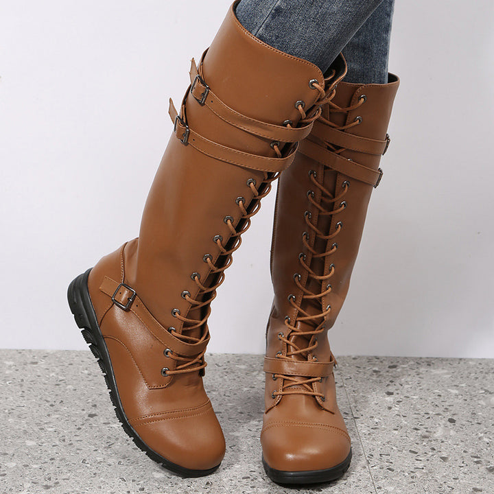 Women's knee-high military-inspired lace-up boots with side zipper, adjustable decorative straps, and shock-absorbing profile sole Mune Fashion