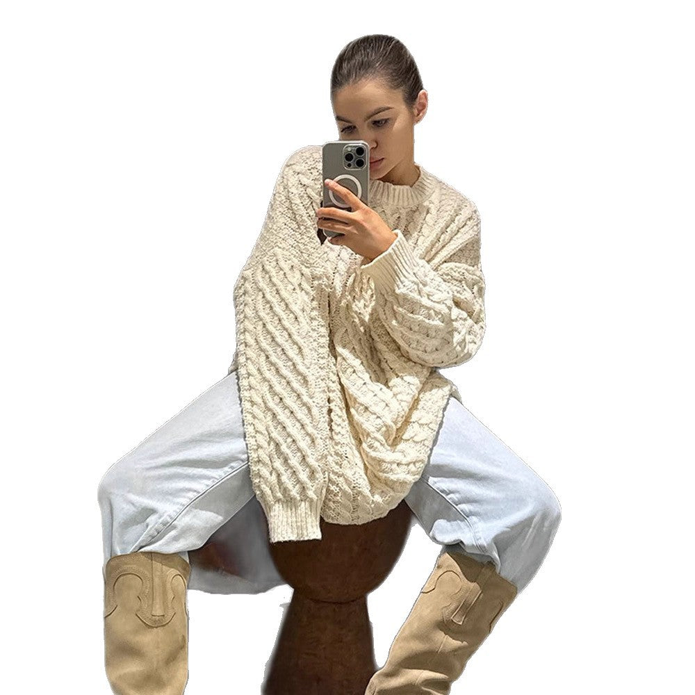 Women's Oversized Chunky Knit Sweater with Cable Knit Pattern and Wide Balloon Sleeves Mune Fashion
