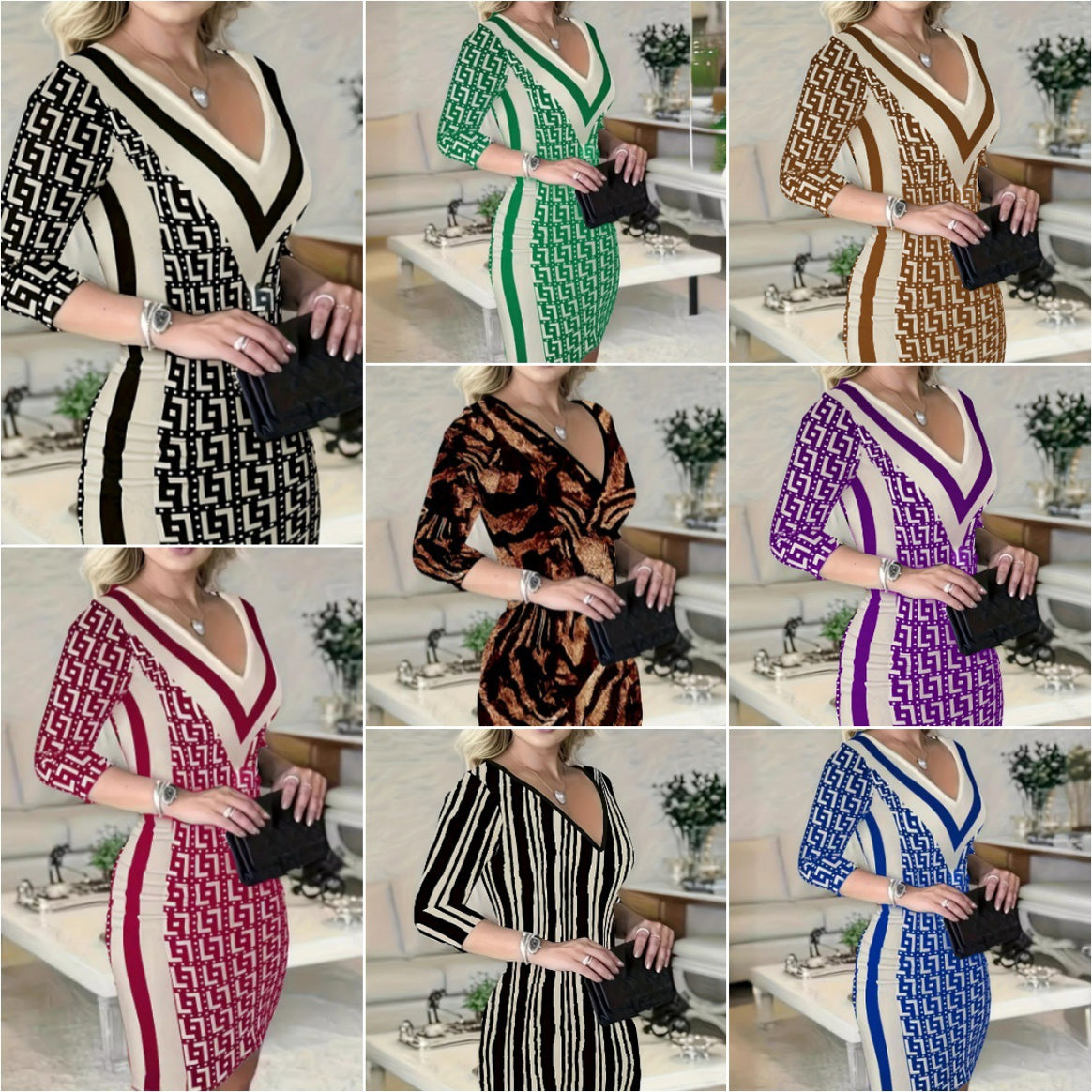 Women Figure-Fitting Sheath Dress with Deep V-Neck and Three-Quarter Sleeves Mune Fashion