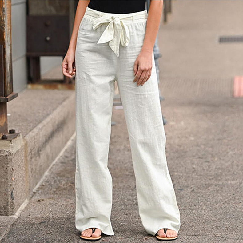 Women's Casual Linen Blend Wide Leg Pants with Drawstring Mune Fashion