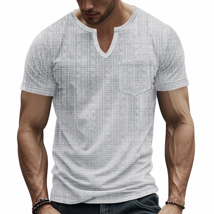 Men's short-sleeved shirt with slit V-neck structured linen look and patch chest pocket Mune Fashion