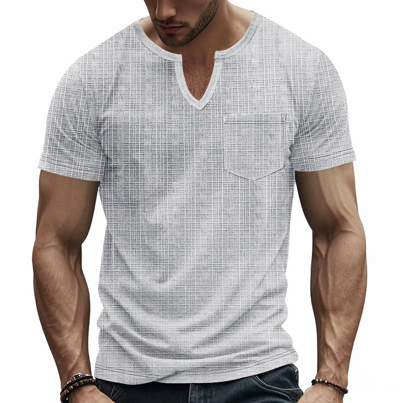 Men's short-sleeved shirt with slit V-neck structured linen look and patch chest pocket Mune Fashion