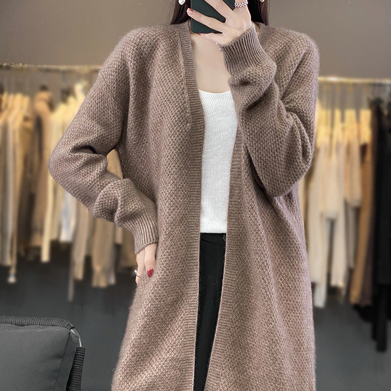 Women’s Long Open Knit Cardigan with Seed Pattern and Ribbed Edges Mune Fashion