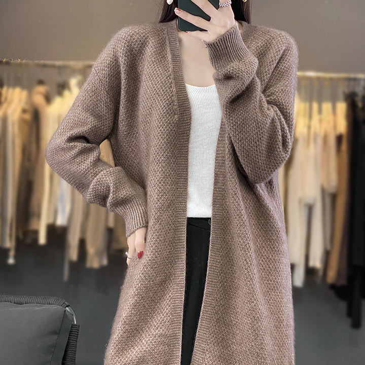 Women’s Long Open Knit Cardigan with Seed Pattern and Ribbed Edges Mune Fashion
