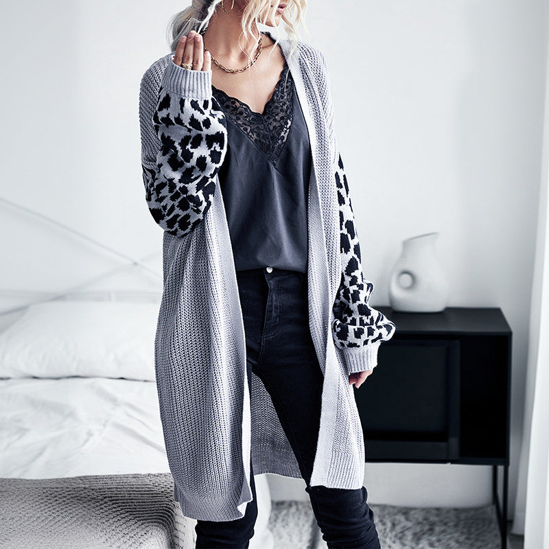 Women Long Open Knit Cardigan with Leopard Pattern Sleeves and Ribbed Hem Mune Fashion
