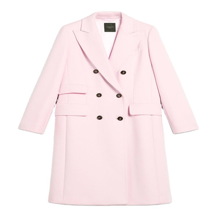Women's Double-Breasted Midi-Length Wool Blend Coat with Emphasized Shoulder and Contrast Buttons Mune Fashion