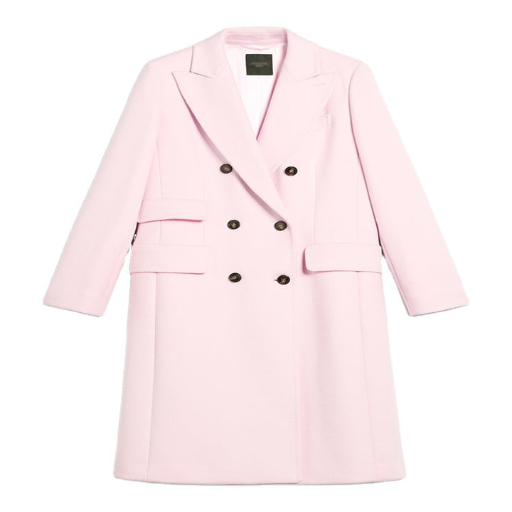Women's Double-Breasted Midi-Length Wool Blend Coat with Emphasized Shoulder and Contrast Buttons Mune Fashion