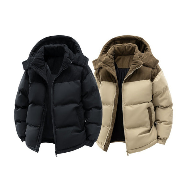Men's padded quilted jacket with high hood, corduroy shoulder panels, and two-way zipper Mune Fashion