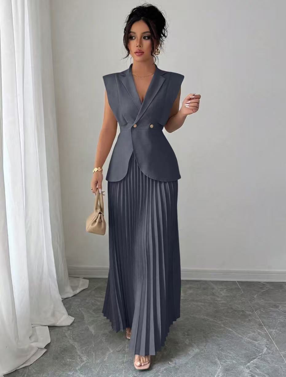Women’s sleeveless fitted blazer set with pleated maxi skirt Mune Fashion