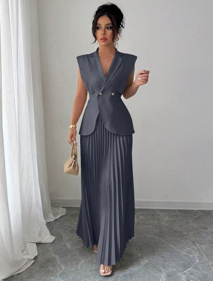 Women’s sleeveless fitted blazer set with pleated maxi skirt Mune Fashion