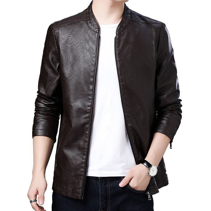 Men's Slim Fit Faux Leather Blouson with Stand Collar and Concealed Zipper Mune Fashion